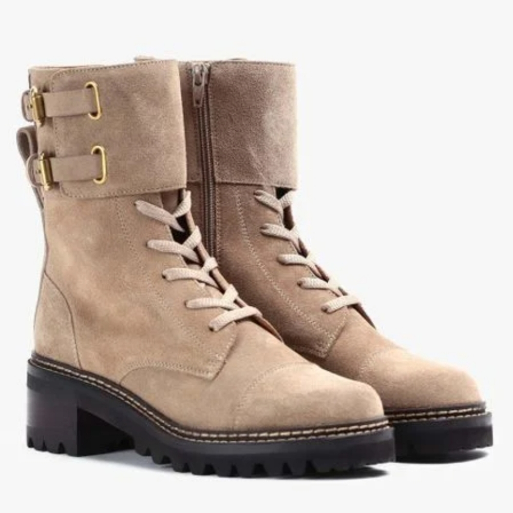 See By Chloe Mallory Beige Combat Lace-Up Boots